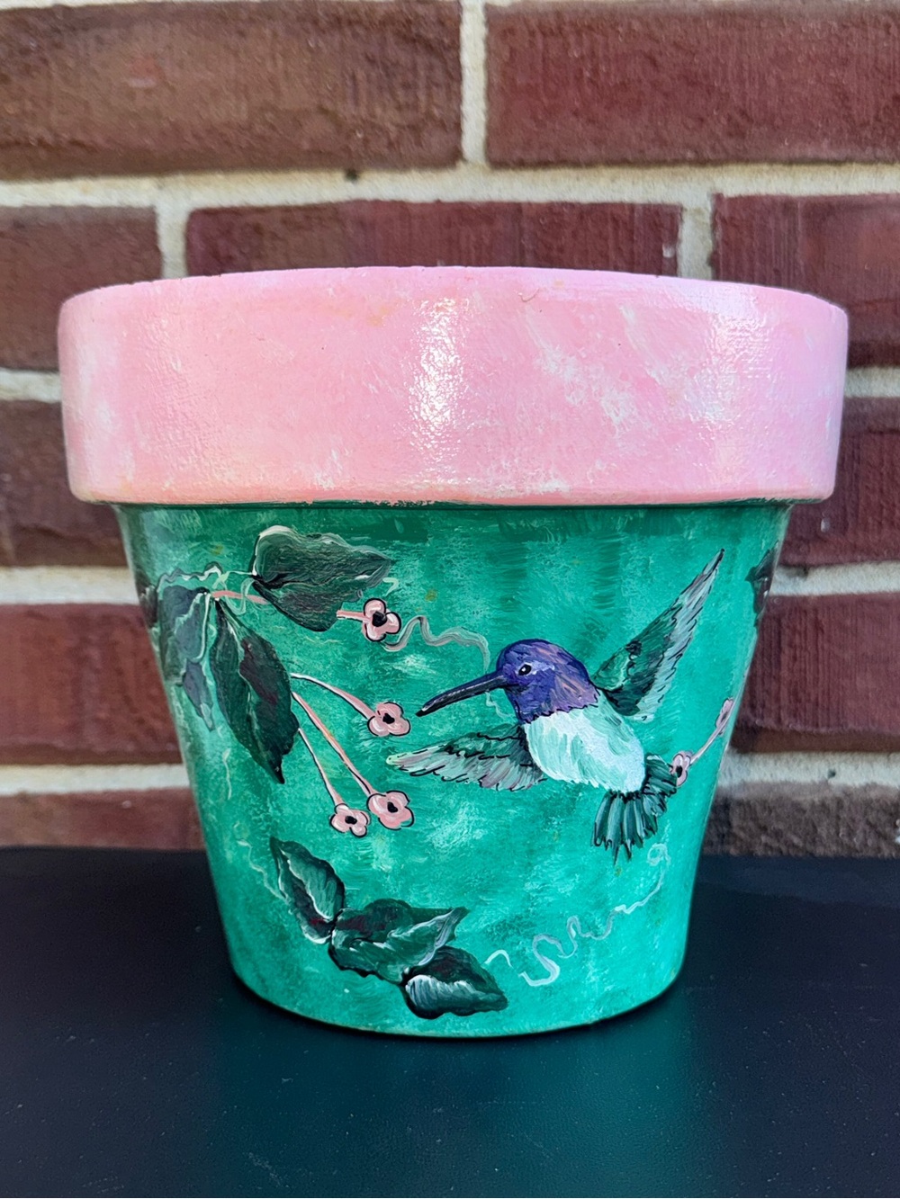 Hand-Painted Green & Pink Terracotta Planter Pot Hummingbird Floral Drain Hole